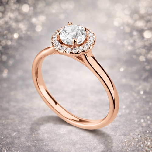 Bague de fiançailles en or rose 18k avec halo serti de diamants. Modèle Éblouissante.