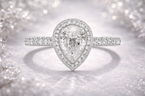 Bague en or blanc 18k à halo avec diamant poire et épaules serties. Modèle Passionnée.