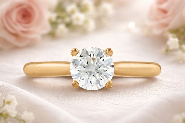 Bague de fiançailles en or jaune 18k au pavage latéral. Modèle Délicate.