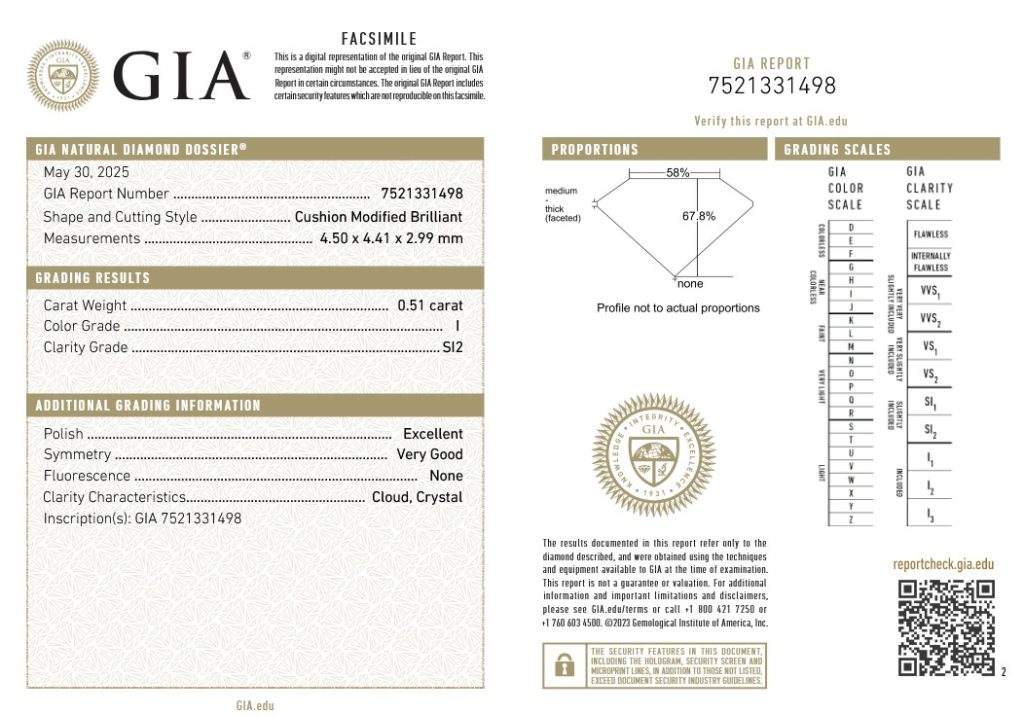 Exemple de certificat diamant coussin établi par le GIA