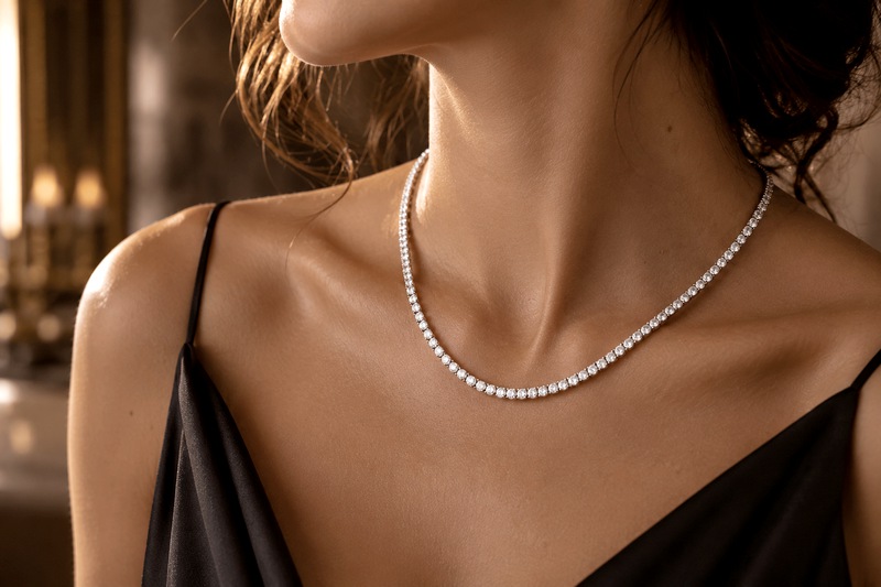Femme portant un collier tennis en diamant