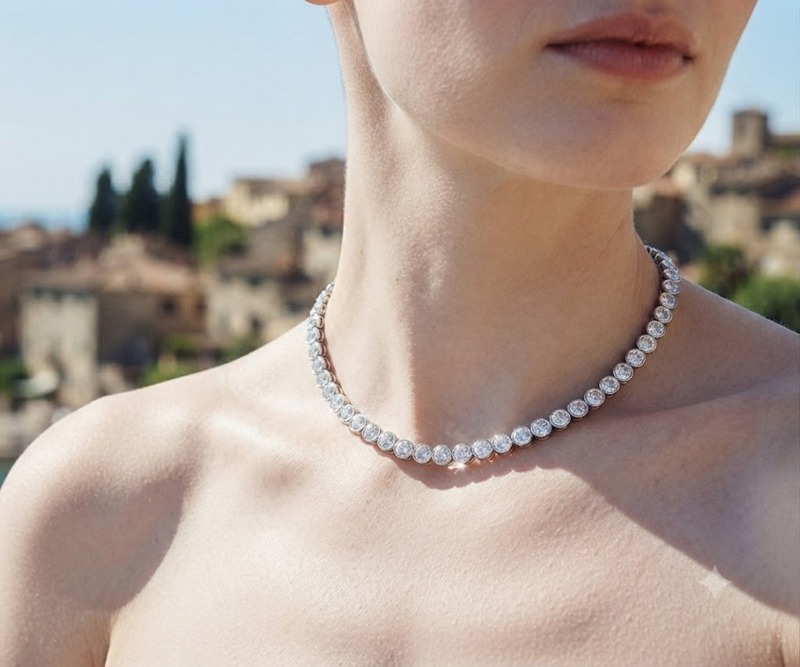Collier tennis serti clos porté par une jeune femme