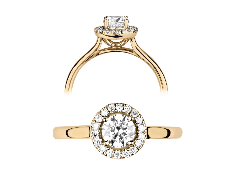 Bague de fiançailles Éblouissante en or jaune 18k avec halo serti de diamants