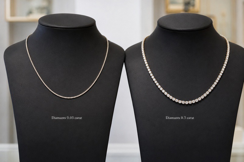 Comparaison de deux colliers tennis arborant des diamants de 0.03 carat à gauche et de 0.3 carat à droite.