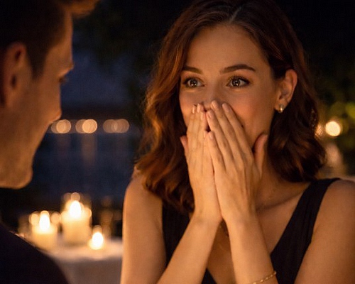 Jeune femme émue par une demande en mariage surprise.