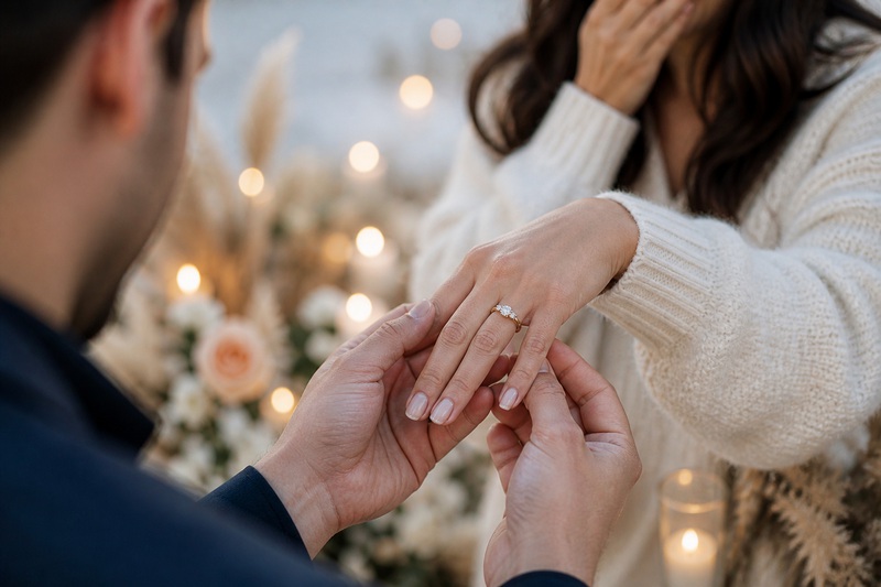 Demande en mariage avec bague en diamant trilogie.