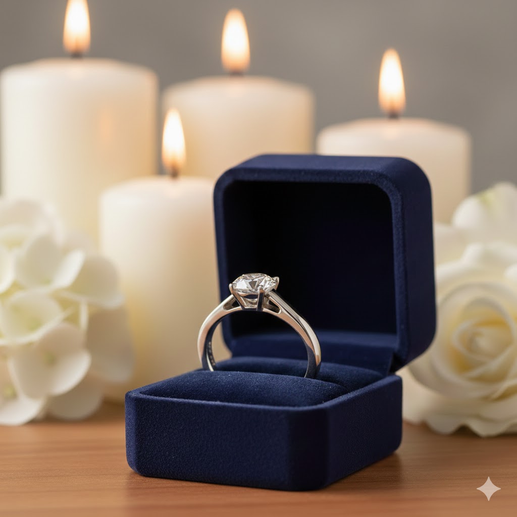 Ecrin contenant une bague de fiançailles en diamant et en or blanc. Modèle Belle.