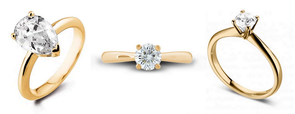 Trois modèles de bagues de fiançailles en diamant en or jaune.