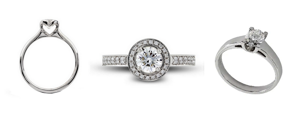 Trois modèles de bagues de fiançailles en diamant et platine.