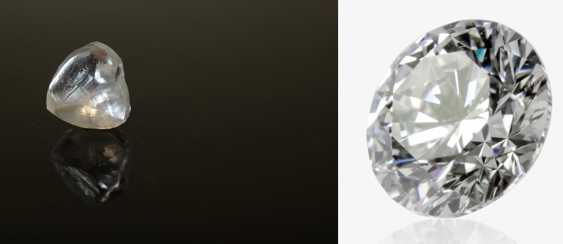 Photo d'un diamant brut et de sa forme taillée (brillant rond).