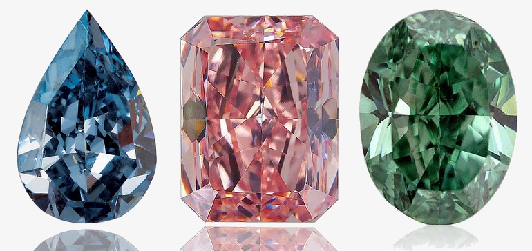 Diamants "Fancy Color" bleu, rose et vert. 