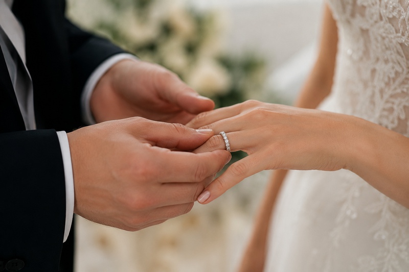 Homme passant l'alliance en tour complet au doigt de son épouse le jour de la cérémonie du mariage