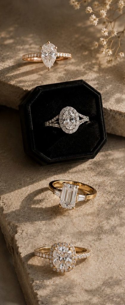 Quelques exemples de bagues de fiançailles réalisées sur mesure en or rose, en or blanc et en or rose, avec des diamants de différentes formes.
