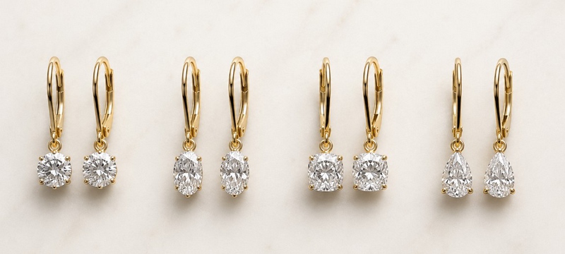 Boucles d'oreilles dormeuses avec diamants ronds, ovales, coussin et poire