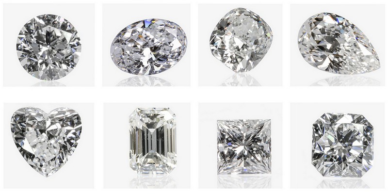 Quelques formes de diamant : Brillant rond, ovale, coussin, poire, cœur, émeraude, princesse et radiant