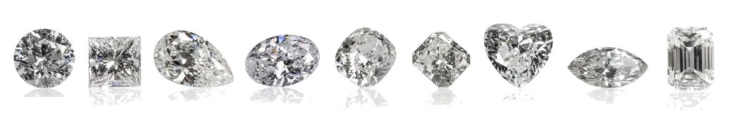 Formes de diamant : Brillant rond - Princesse - Poire - Ovale - Coussin - Radiant - Cœur - Marquise - Émeraude