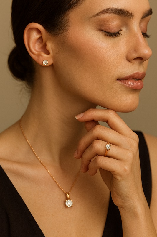 Femme portant une parure en or jaune et diamant comprenant une bague, un pendentif et des boucles d'oreilles en diamant