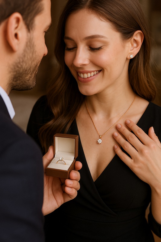 Femme recevant une bague en diamant pour compléter sa parure