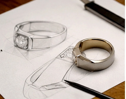 Croquis pour création d'une bague en diamant pour homme sur mesure