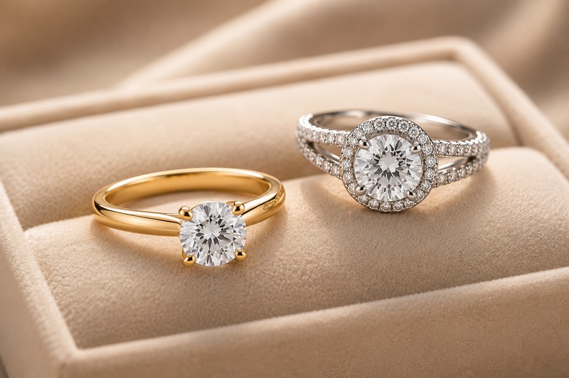 Bagues de fiançailles : solitaire en or jaune et bague halo pavée en or blanc