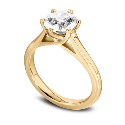 Solitaire diamant en or jaune 18k, cathédrale et six griffes en treillis. Modèle Jolie.