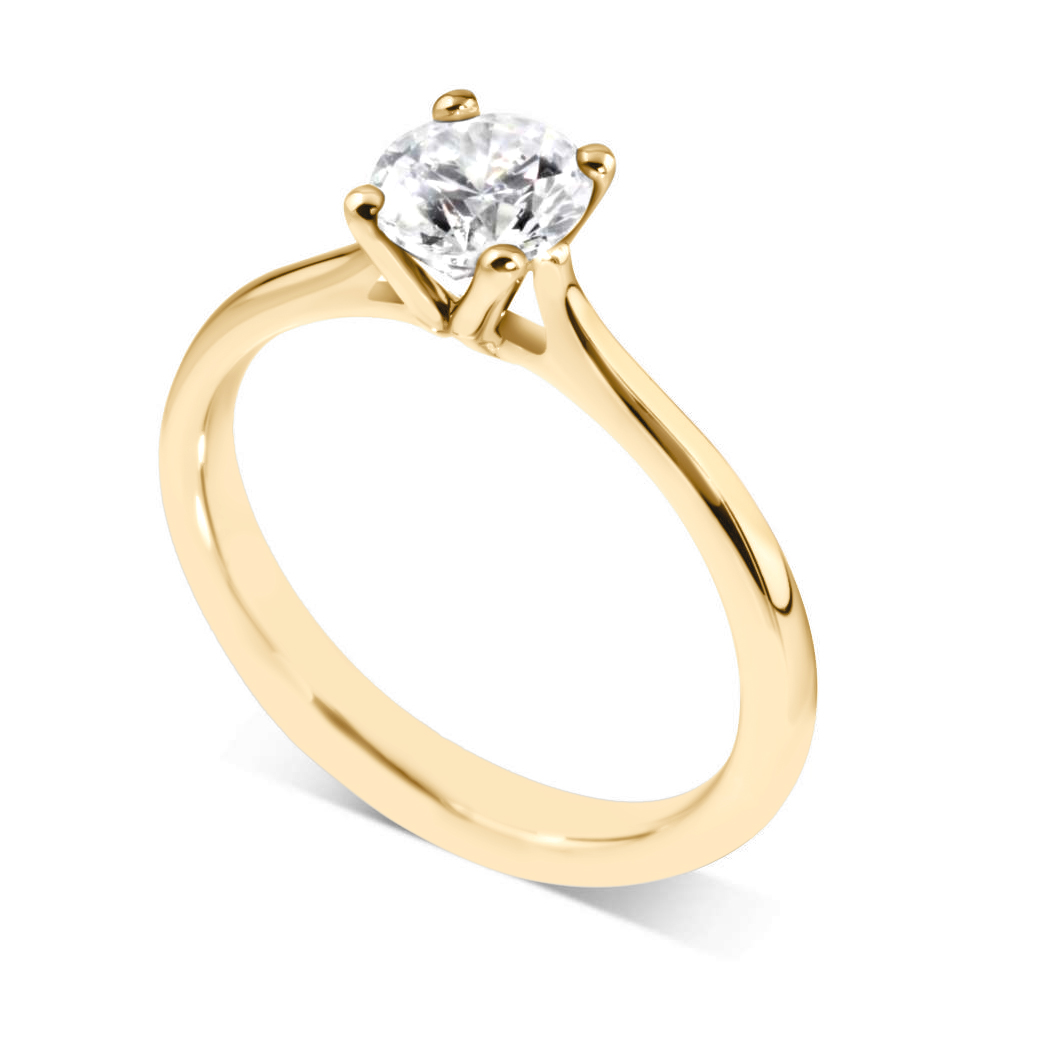 Solitaire diamant Naturelle en or jaune 18k à quatre griffes et cathédrale