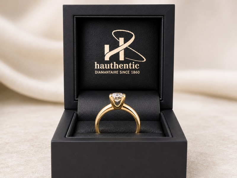 Bague de fiançailles solitaire présentée dans son écrin Hauthentic