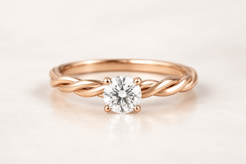 Exemple de bague de fiançailles en or rose et diamant présentant un anneau torsadé