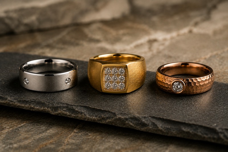 Styles de bagues en diamant pour hommes différents : un modèle sobre en or blanc, une chevalière en or jaune avec pavage de diamants et une bague en or rose martelé